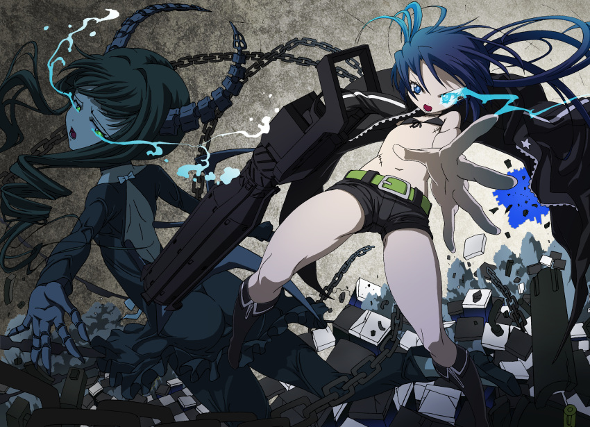 absurdres arm_cannon bikini_top black_hair black_rock_shooter black_rock_shooter_(character) blue_eyes boots chain dead_master emuzu glowing glowing_eyes highres horns long_hair midriff multiple_girls navel scar shorts tears twintails very_long_hair weapon wings