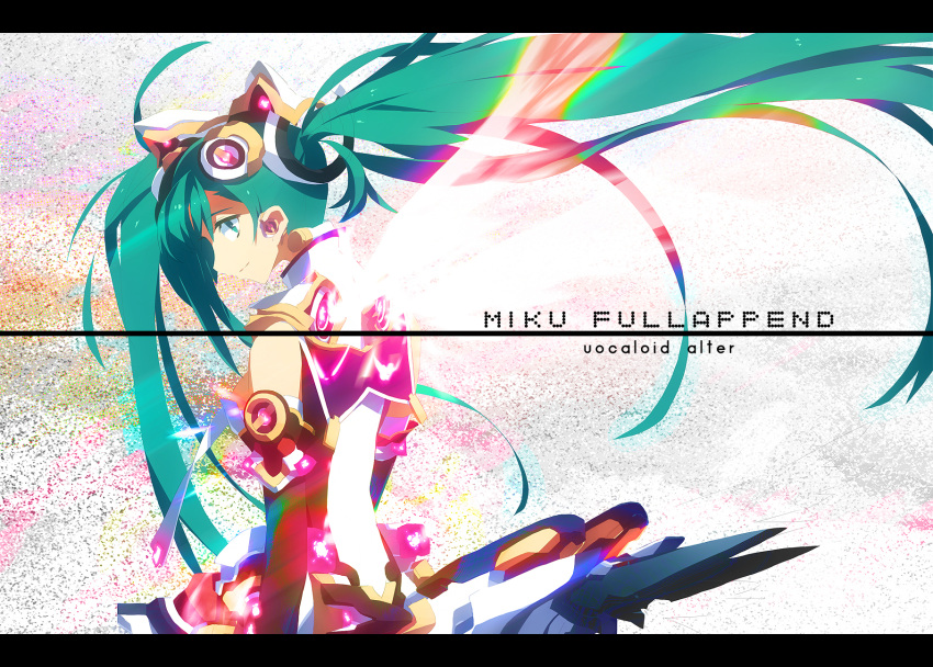 alternate_costume aqua_eyes aqua_hair chronoel colorful elbow_gloves gloves hatsune_miku hatsune_miku_(append) highres long_hair miku_append smile solo twintails very_long_hair vocaloid vocaloid_append wings