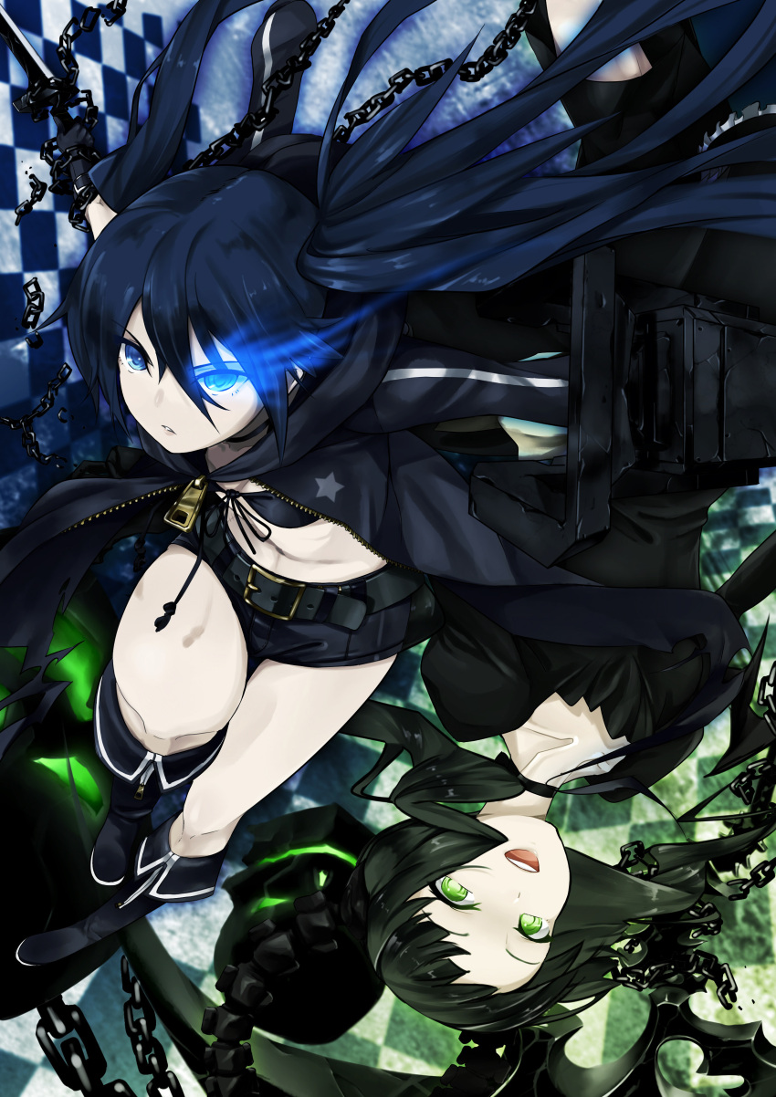 absurdres arm_cannon black_hair black_rock_shooter black_rock_shooter_(character) blue_eyes boots chain coat dead_master duplicate glowing glowing_eyes green_eyes highres long_hair midriff multiple_girls nana_g pale_skin shorts smile sword twintails weapon