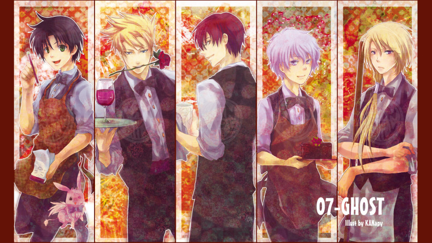 5boys apron castor_(07-ghost) cup flower frau hakuren_oak highres kanapy labrador male mouth_hold multiple_boys ponytail red_rose rose short_hair teito_klein waiter wine_glass