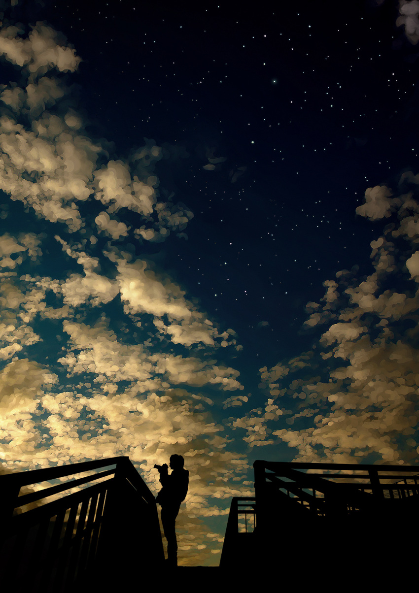 cloud clouds highres night pedestrian_bridge pixiv_festa railing sarugetty shimei_jien silhouette sky stairs star star_(sky) starry_sky
