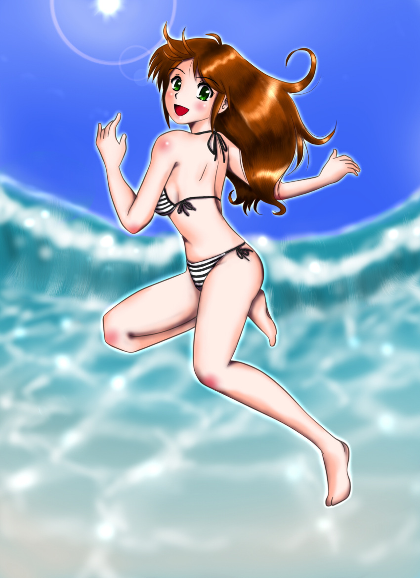 bikini brown_hair green_eyes long_hair original striped striped_bikini striped_swimsuit swimsuit yamapo