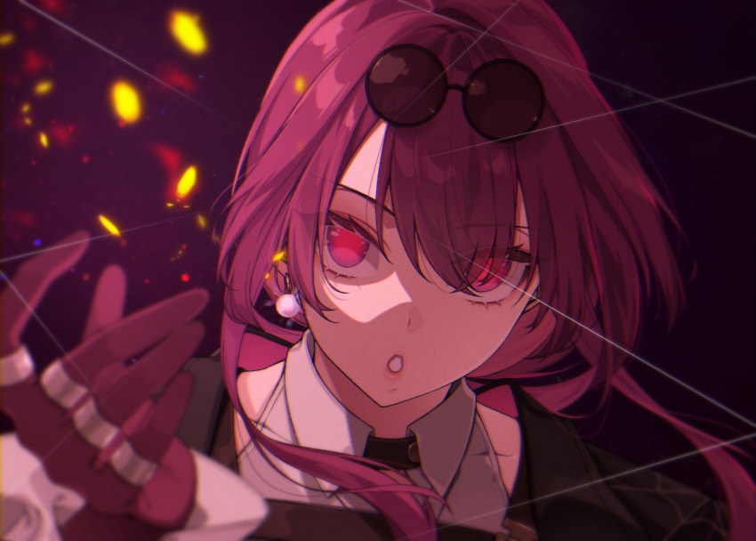 1girl blurry collared_shirt commentary depth_of_field earrings eyewear_on_head gloves hair_between_eyes hair_over_one_eye highres honkai:_star_rail honkai_(series) jewelry kafka_(honkai:_star_rail) long_hair long_sleeves looking_at_viewer open_mouth pink_eyes portrait purple_gloves purple_hair reaching reaching_towards_viewer shirt solo sunglasses white_shirt yucc00