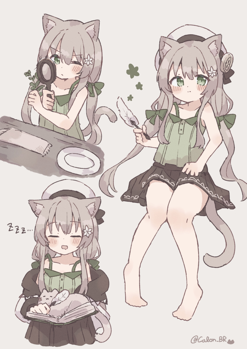 absurdres animal_ears artist_name bare_legs barefoot beret brown_skirt cat cat_ears cat_girl cat_tail colon_br green_eyes green_vest grey_hair hat highres holding holding_quill original quill skirt tail vest zzz