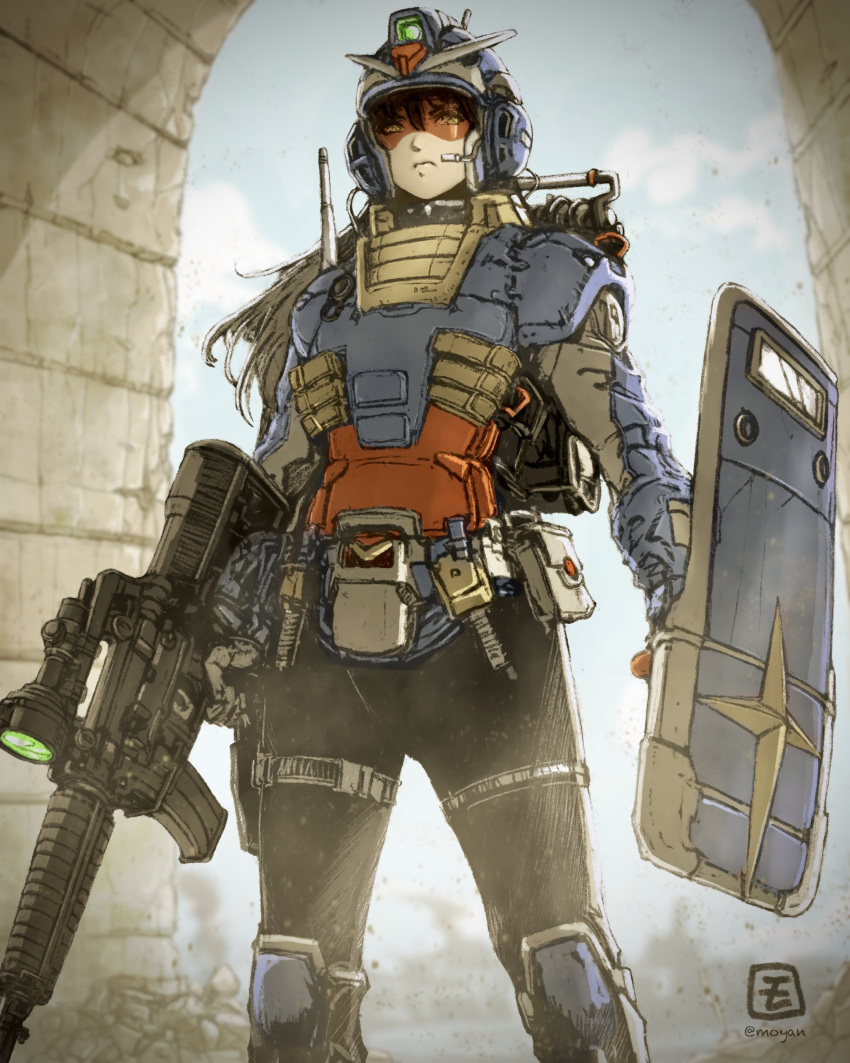 1girl absurdres armor armored_boots artist_logo ballistic_shield beam_rifle belt belt_pouch black_hair black_pants blue_sky blurry blurry_background body_armor boots closed_mouth clouds commentary_request cosplay day energy_gun feet_out_of_frame frown green_eyes gun gundam hair_between_eyes helmet highres holding holding_gun holding_shield holding_weapon long_hair looking_afar looking_ahead mecha_musume microphone mobile_suit_gundam moyan pants pouch procreate_(medium) radio_antenna rubble rx-78-2 rx-78-2_(cosplay) shield sky solo standing twitter_username v-fin weapon white_belt