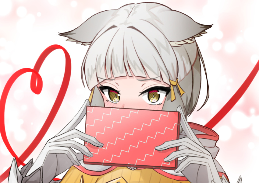 1girl animal_ear_fluff animal_ears blush box brown_eyes brown_jumpsuit commentary covered_mouth ears_down english_commentary eteko_(eteco30) gift gift_box gloves grey_gloves grey_hair hands_up heart holding holding_gift jumpsuit long_sleeves looking_at_viewer nia_(xenoblade) sleeves_past_wrists solo upper_body xenoblade_chronicles_(series) xenoblade_chronicles_2