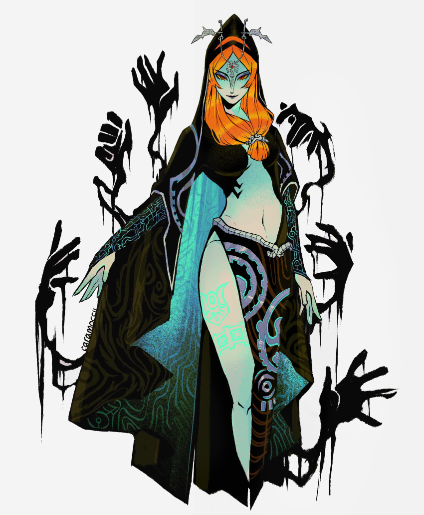 1girl absurdres blue_skin cloak colored_skin commentary disembodied_limb english_commentary eyeshadow green_skin headdress highres lemolunes looking_at_viewer makeup mantle midna midna_(true) orange_hair red_eyes silk smile solo tattoo the_legend_of_zelda the_legend_of_zelda:_twilight_princess twili