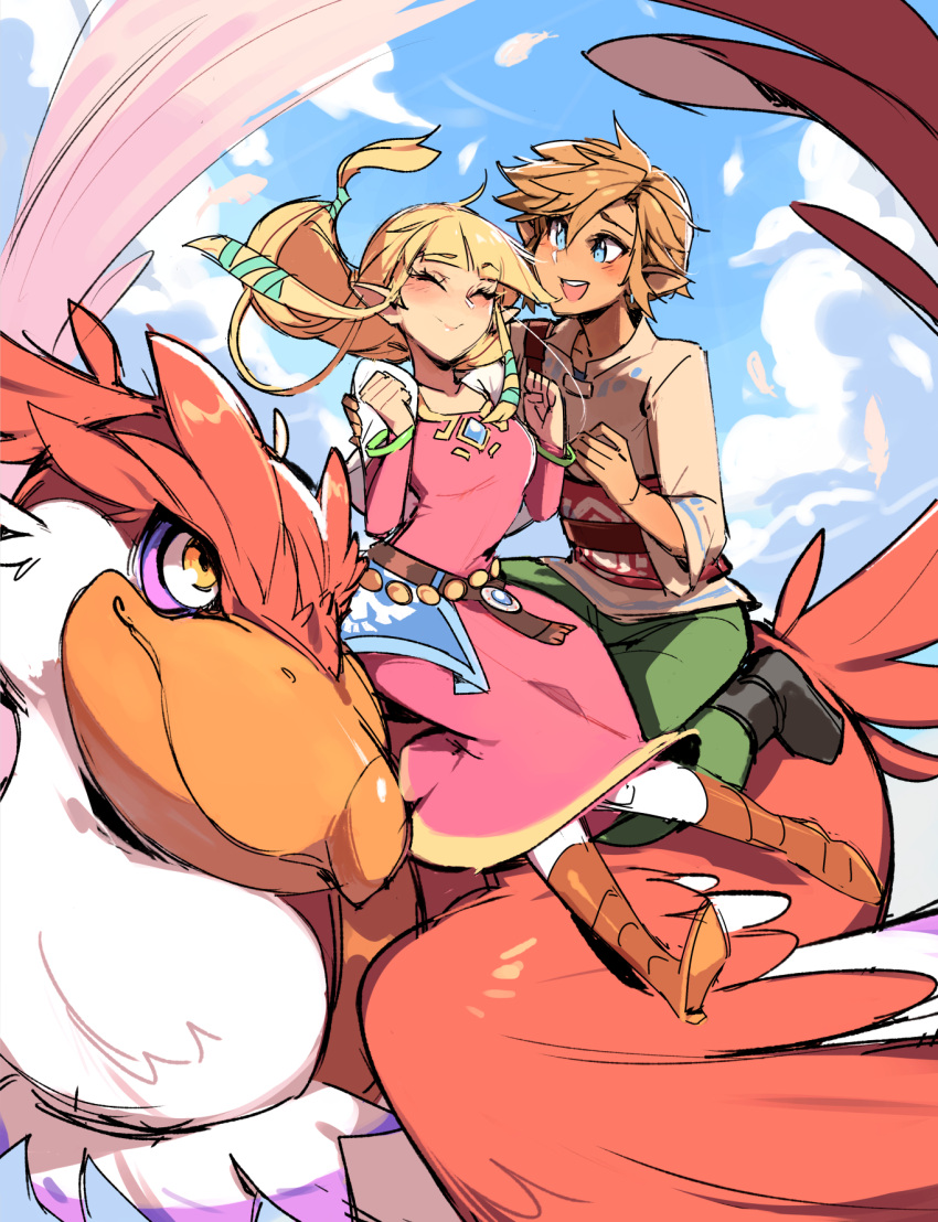 1boy 1girl animal bird blonde_hair blunt_bangs blush breasts brown_shirt champanus clenched_hands closed_eyes closed_mouth clouds day dress feathers green_eyes green_pants hair_between_eyes hands_up happy highres long_hair long_sleeves looking_at_another pants pink_dress princess_zelda shirt short_hair small_breasts smile the_legend_of_zelda the_legend_of_zelda:_skyward_sword