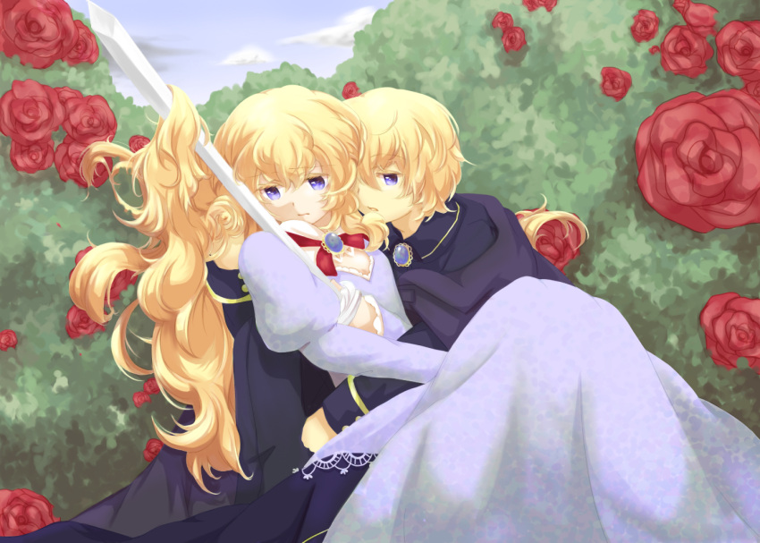 1boy 1girl black_cape black_jacket blonde_hair blue_dress blue_gemstone brooch brother_and_sister cape closed_mouth clouds collar colored_eyelashes day dress drossel_no_tsurugi_(vocaloid) feet_out_of_frame flower gem gown hair_between_eyes hair_flowing_over hand_in_another's_hair holding holding_sword holding_weapon hug implied_incest jacket jewelry juliet_sleeves kagamine_len kagamine_rin long_hair long_sleeves looking_at_another looking_to_the_side neck_ribbon outdoors parted_lips puffy_sleeves red_flower red_ribbon red_rose ribbon rose rose_bush short_hair shouha_(ring-high) siblings sitting sleeve_cuffs sword violet_eyes vocaloid weapon white_collar
