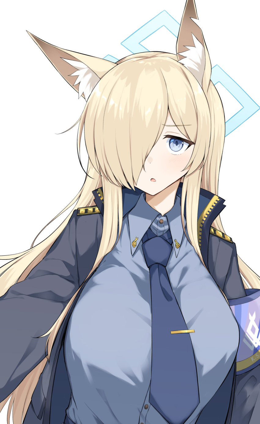 1girl animal_ear_fluff animal_ears black_jacket black_necktie blonde_hair blue_archive blue_eyes blue_halo blue_shirt blush breasts collared_shirt hair_over_one_eye halo highres jacket kanna_(blue_archive) large_breasts long_hair long_sleeves looking_at_viewer necktie open_clothes open_jacket open_mouth sakikumo_(sakumo) shirt simple_background solo upper_body white_background