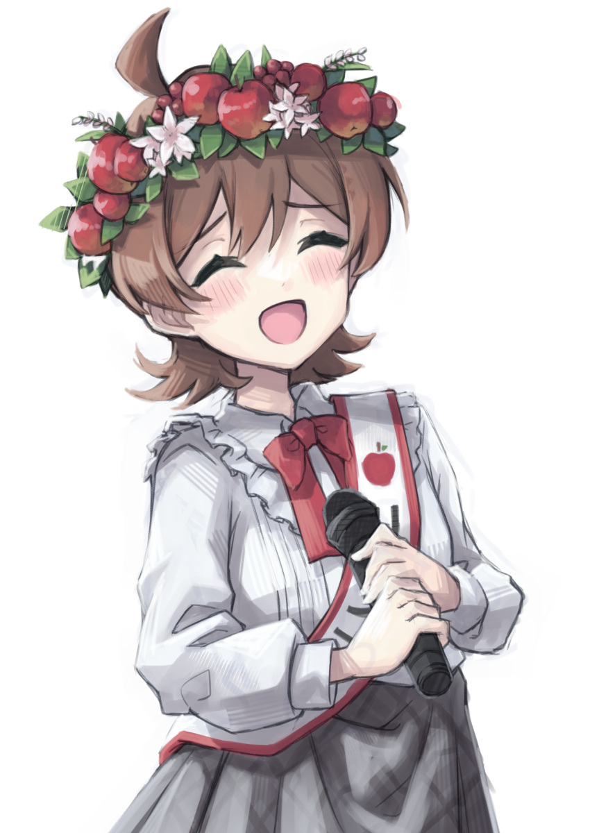 1girl :d ^_^ absurdres ahoge black_skirt blush bow bowtie brown_hair closed_eyes commentary_request head_wreath highres holding holding_microphone idolmaster idolmaster_million_live! kinoshita_hinata long_sleeves microphone open_mouth puffy_long_sleeves puffy_sleeves red_bow red_bowtie sash semi_colon shirt short_hair simple_background skirt smile solo upper_body white_background white_shirt