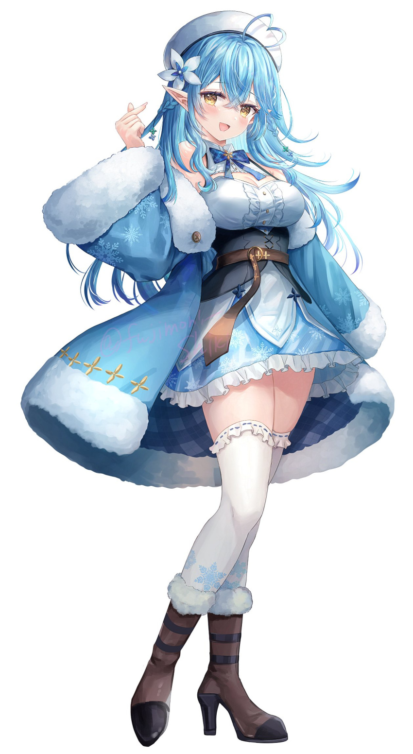 1girl :d ahoge belt beret black_corset blue_bow blue_bowtie blue_coat blue_hair blue_skirt boots bow bowtie braid breasts brown_belt brown_footwear center_frills cleavage_cutout clothing_cutout coat commentary corset crossed_bangs double-parted_bangs elf finger_heart flower frilled_shirt frilled_skirt frilled_thighhighs frills fujimori_shiki full_body fur-trimmed_boots fur-trimmed_coat fur_trim hair_between_eyes hair_flower hair_ornament hand_up hat heart heart_ahoge heel_up high_heel_boots high_heels highres hololive large_breasts leather_belt long_hair looking_at_viewer miniskirt off_shoulder open_mouth plaid plaid_bow plaid_bowtie pleated_skirt pointy_ears shirt simple_background skirt smile snowflake_hair_ornament snowflake_print solo standing symbol-only_commentary thigh-highs underbust virtual_youtuber white_background white_headwear white_shirt white_thighhighs yellow_eyes yukihana_lamy yukihana_lamy_(1st_costume)