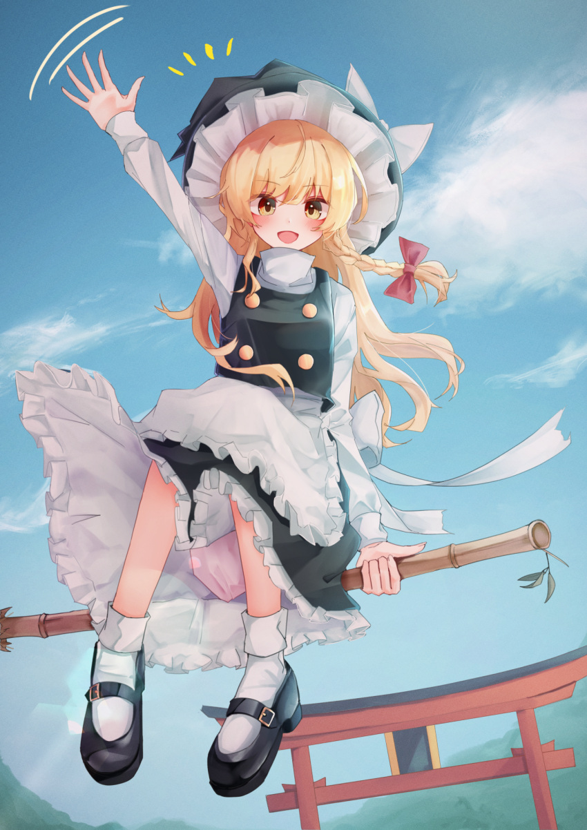 1girl :d apron arm_up black_footwear black_headwear black_skirt black_vest blonde_hair blue_sky blush bow braid broom broom_riding commentary_request day floating_hair frilled_skirt frills full_body hair_between_eyes hair_bow hat hat_bow highres kirisame_marisa long_hair long_sleeves looking_at_viewer mary_janes motion_lines notice_lines open_mouth outdoors partial_commentary red_bow shirt shoes sidelocks single_braid skirt sky smile socks solo taguno torii touhou vest waist_apron waving white_apron white_bow white_shirt white_socks witch_hat yellow_eyes