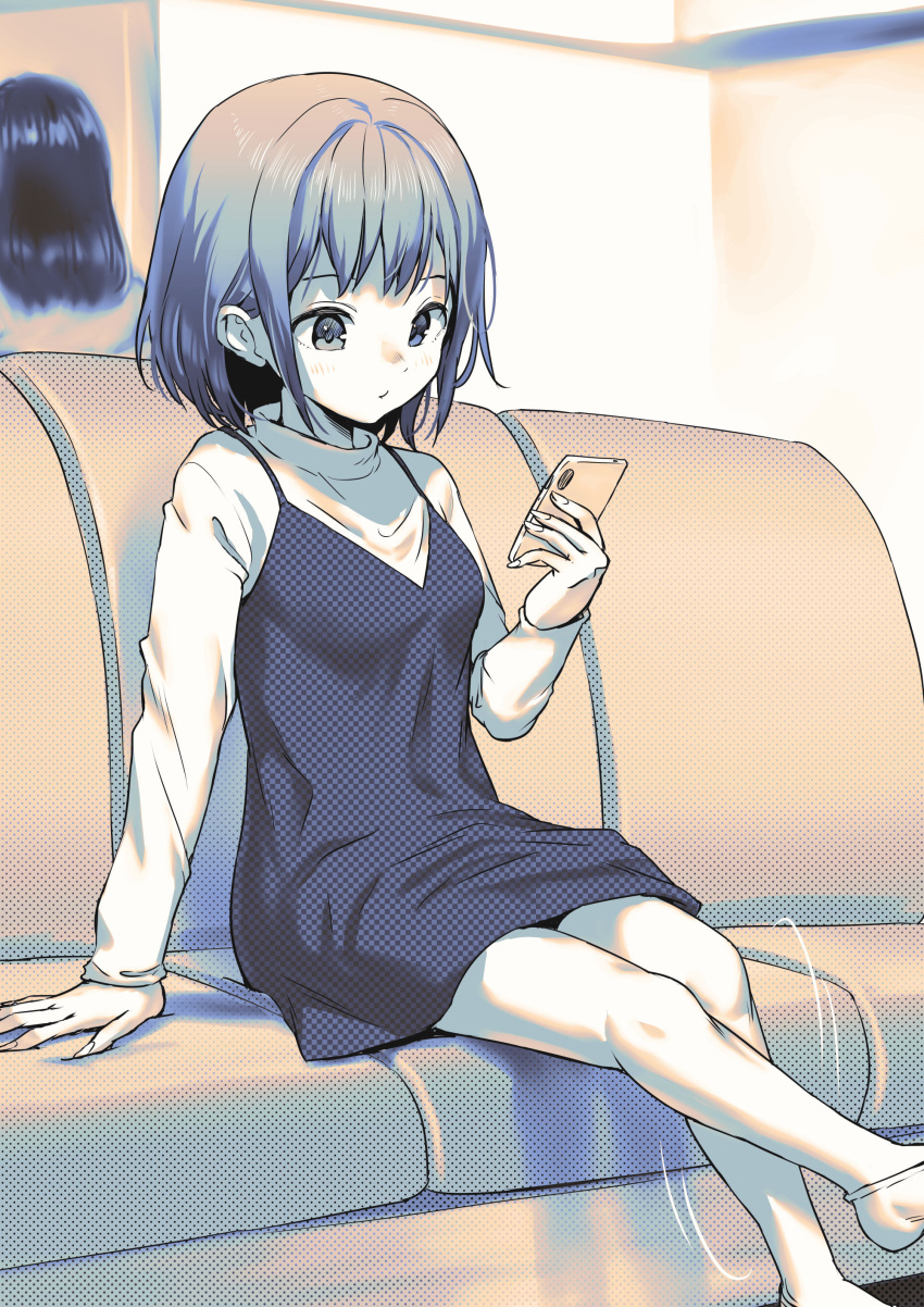 2girls absurdres ayanakitori cellphone commentary_request couch dress highres holding holding_phone indoors legs long_sleeves looking_at_phone monochrome motion_lines multiple_girls on_couch original phone short_hair sitting textless_version