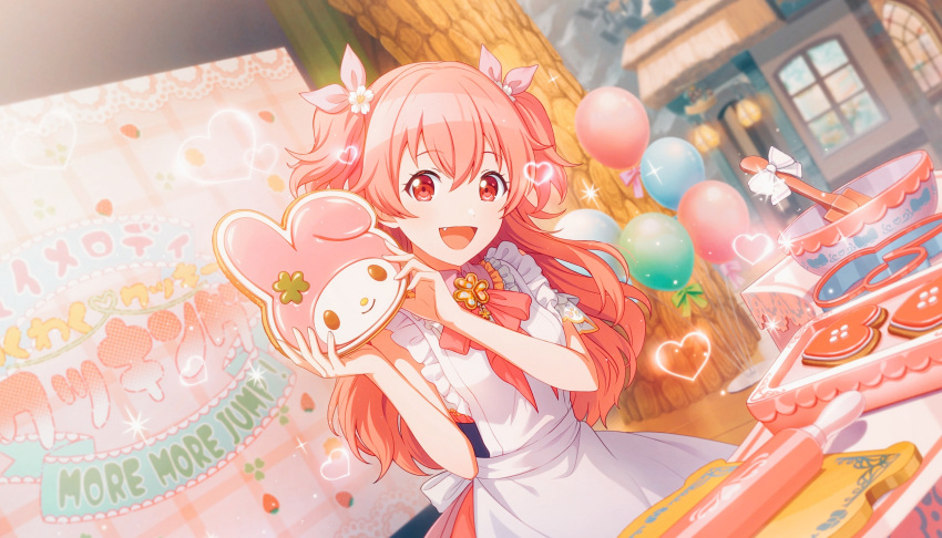 1girl apron baking_sheet balloon bowl building collaboration cookie dress heart holding_food long_hair looking_at_viewer momoi_airi my_melody official_art open_mouth pink_eyes pink_hair project_sekai rolling_pin sanrio smile solo