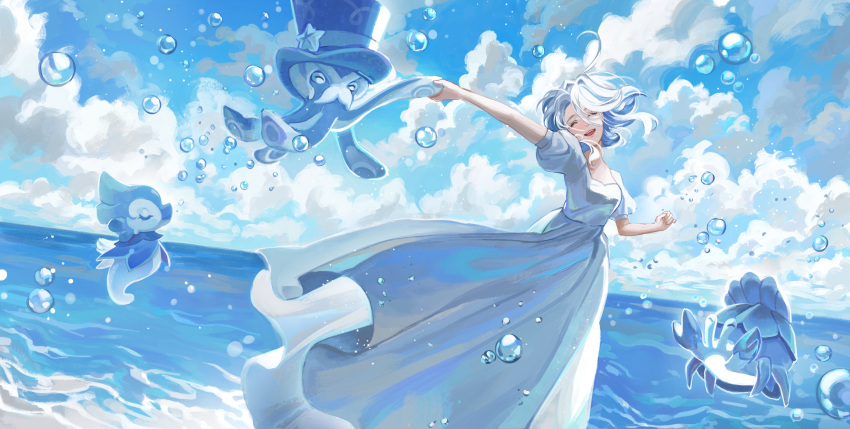 1girl absurdres alternate_costume blue_sky breasts clouds cloudy_sky cowlick floating_hair furina_(genshin_impact) genshin_impact gentilhomme_usher happy highres horizon lankie mademoiselle_crabaletta medium_breasts ocean outstretched_arm puffy_short_sleeves puffy_sleeves short_hair short_sleeves sky solo surintendante_chevalmarin water_drop white_hair