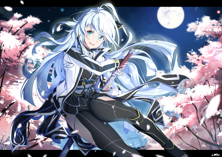 1girl absurdres ahoge black_border black_gloves blue_eyes border cherry_blossoms clothing_cutout coat eiyuu_densetsu falling_petals feathermage fingerless_gloves floating_hair full_moon gloves hair_between_eyes half_updo highres holding holding_sword holding_weapon kuro_no_kiseki moon night night_sky open_clothes open_coat open_mouth outdoors parted_bangs petals sandals shizuna_rem_misurugi sky smile sword thigh-highs thigh_cutout weapon white_hair