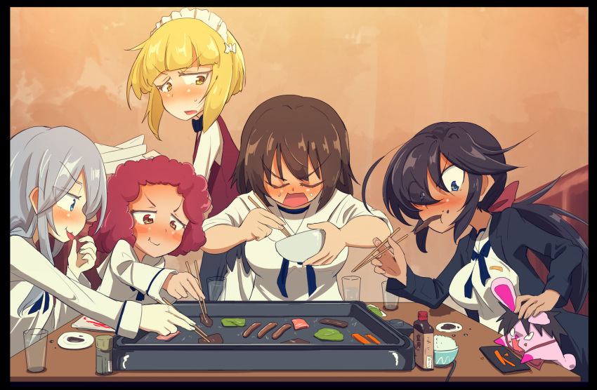 5girls :t artist_self-insert bartender black_border black_bow black_bowtie black_coat black_hair blonde_hair blouse blue_eyes blue_neckerchief blunt_bangs bob_cut border bow bowl bowtie brown_hair brown_vest chopsticks closed_eyes coat commentary cup curly_hair cutlass_(girls_und_panzer) dark-skinned_female dark_skin dress_shirt drinking_glass eating eyes_visible_through_hair flint_(girls_und_panzer) food food_on_face frown girls_und_panzer grey_hair hair_bow hair_over_one_eye half-closed_eyes highres holding holding_bowl holding_chopsticks indoors jinguu_(4839ms) long_coat long_hair long_sleeves looking_at_another looking_back maid_headdress multiple_girls murakami_(girls_und_panzer) neckerchief ogin_(girls_und_panzer) ooarai_naval_school_uniform open_clothes open_coat open_mouth plate ponytail rabbit red_bow red_eyes redhead rum_(girls_und_panzer) sailor_collar school_uniform shirt short_hair sitting standing sweatdrop vest white_shirt yellow_eyes