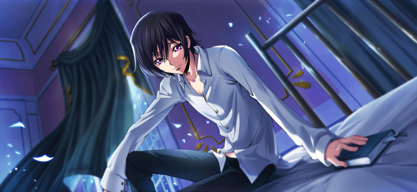 1boy arm_on_knee arm_support artist_request black_hair black_pants blurry blurry_background book bookmark buttons closed_mouth code_geass code_geass:_lost_stories collarbone collared_shirt curtains depth_of_field dutch_angle falling_petals game_cg hair_between_eyes half-closed_eyes happy highres holding holding_book indoors knee_up leaning_to_the_side lelouch_vi_britannia long_sleeves looking_at_viewer male_focus night non-web_source official_art on_bed pants pectoral_cleavage pectorals petals shirt short_hair sidelocks sitting smile solo violet_eyes white_shirt window