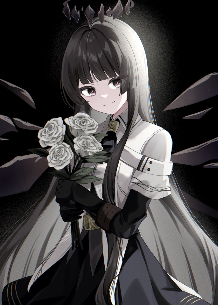 1girl arknights ascot belt_buckle black_ascot black_background black_gloves black_hair black_halo black_skirt black_wings blunt_bangs bouquet breasts broken_halo buckle closed_mouth collared_jacket colored_inner_hair commentary_request cowboy_shot dark_halo detached_wings diamond-shaped_pupils diamond_(shape) energy_wings eyelashes flower from_side gloves grey_eyes grey_hair grey_shirt halo hands_up highres hime_cut holding holding_bouquet jacket layered_sleeves leaf light_particles light_smile long_hair long_sleeves looking_at_viewer looking_to_the_side miniskirt multicolored_hair nishimiya_aki pale_skin pleated_skirt rose shade shirt short_over_long_sleeves short_sleeved_jacket short_sleeves sidelighting sidelocks skirt small_breasts solo standing straight_hair strap symbol-shaped_pupils two-tone_hair very_long_hair virtuosa_(arknights) white_flower white_jacket white_rose wide_sleeves wing_collar wings yellow_pupils
