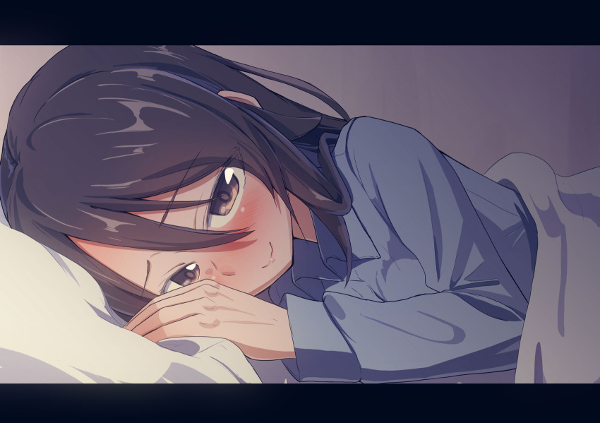 1girl blanket blue_shirt blush brown_eyes brown_hair closed_mouth commentary girls_und_panzer half-closed_eyes highres jinguu_(4839ms) letterboxed long_hair long_sleeves looking_at_viewer lying mika_(girls_und_panzer) no_headwear on_side pajamas pillow shirt sleepwear smile solo under_covers