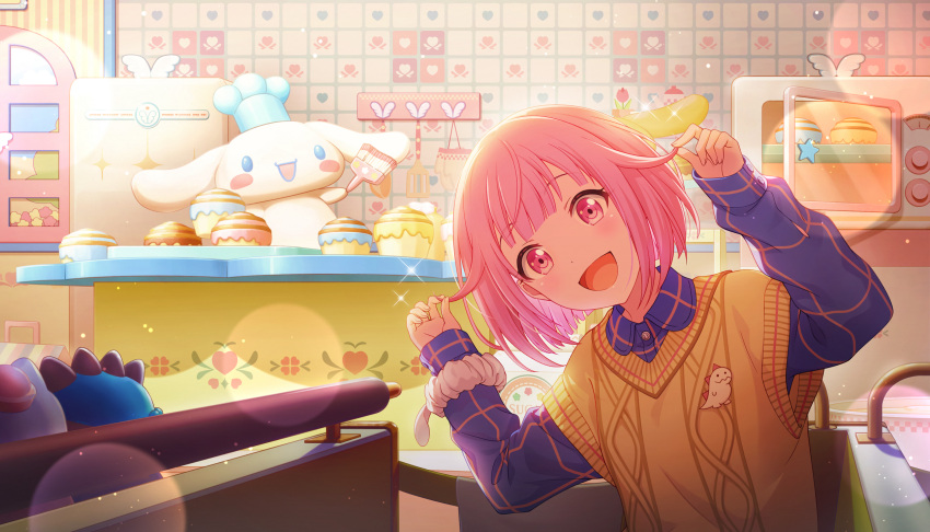 1boy 1girl animal_ears baking blush chef_hat cinnamoroll collaboration day dress holding_hair looking_at_viewer official_art ootori_emu open_mouth pink_eyes pink_hair project_sekai sanrio scrunchie short_hair smile white_skin window