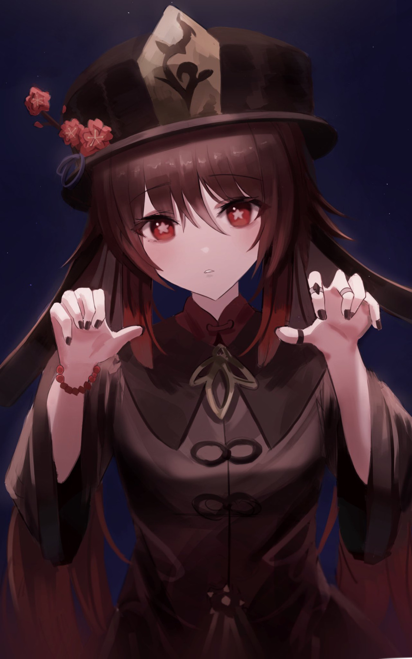 1girl bead_bracelet beads black_headwear black_nails blue_background blush bracelet brown_hair chinese_clothes collared_coat commentary ellaje eyelashes eyes_visible_through_hair flower flower-shaped_pupils frown genshin_impact ghost_pose hair_between_eyes hands_up hat hat_flower highres hu_tao_(genshin_impact) jewelry long_hair long_sleeves looking_at_viewer nail_polish parted_lips plum_blossoms porkpie_hat red_eyes red_flower ring sidelocks simple_background solo straight-on symbol-shaped_pupils tailcoat tsurime twintails upper_body wide_sleeves