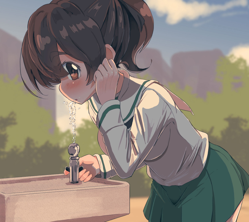 1girl black_neckerchief blouse blue_sky blurry blurry_background brown_eyes brown_hair clouds cloudy_sky commentary day drinking drinking_fountain from_side girls_und_panzer green_skirt hand_in_own_hair highres jinguu_(4839ms) koyama_yuzu leaning_forward looking_at_viewer medium_hair miniskirt neckerchief ooarai_school_uniform outdoors parted_lips pleated_skirt ponytail sailor_collar school_uniform serafuku shirt short_ponytail skirt sky solo water white_sailor_collar