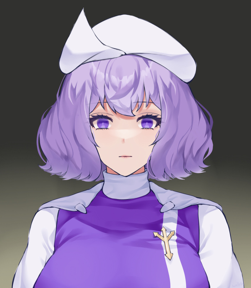 1girl aroevela black_background closed_mouth commentary gradient_background highres lapel_pin letty_whiterock looking_at_viewer purple_hair short_hair solo touhou upper_body violet_eyes white_headwear