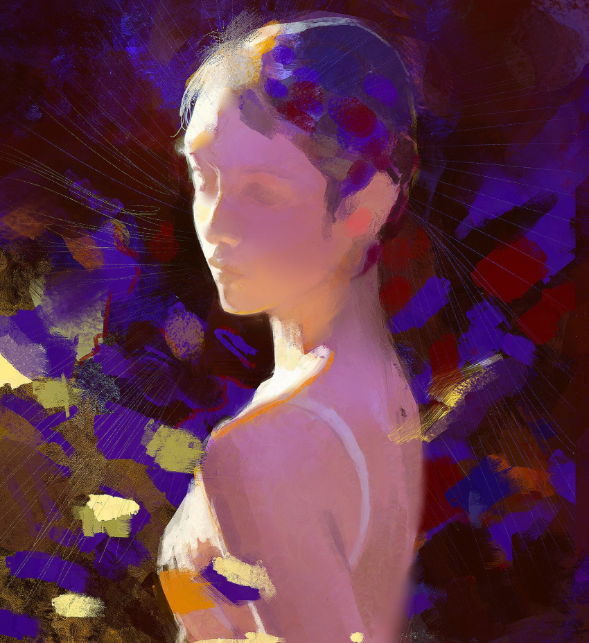 1girl abstract abstract_background art_study bare_shoulders breasts camisole closed_mouth dress expressionless faux_traditional_media flower from_side highres medium_breasts original portrait profile short_hair sleeveless solo spaghetti_strap turning_head very_short_hair yuming_li