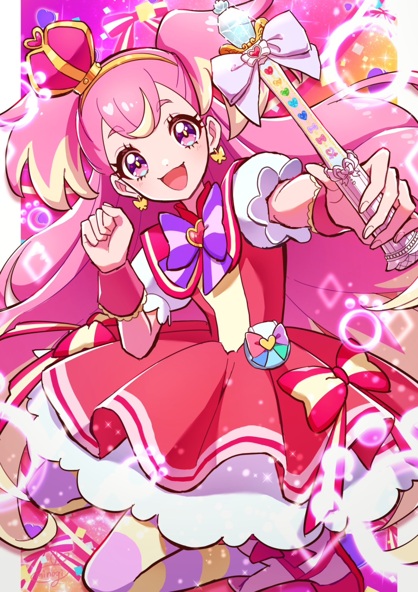1girl :d blonde_hair blue_eyes bow bright_pupils brooch crown cure_wonderful dot_nose dress dress_bow earrings fingernails hairband heart heart_brooch highres holding holding_wand inukai_komugi jewelry long_hair looking_at_viewer magical_girl mini_crown minogi1029 multicolored_background multicolored_bow multicolored_eyes multicolored_hair multicolored_pantyhose open_mouth pantyhose petticoat pink_dress pink_footwear pink_hair pink_wrist_cuffs pouch precure puffy_sleeves purple_bow shoes short_dress smile solo streaked_hair striped_bow striped_clothes striped_pantyhose tilted_headwear two-tone_hair two_side_up violet_eyes wand wonderful_precure! wrist_cuffs yellow_hairband