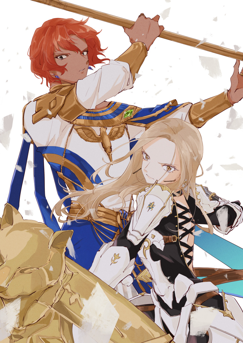 1boy 1girl absurdres armor back_cutout blonde_hair bodysuit brown_eyes clothing_cutout dark-skinned_male dark_skin dohalim_(tales) earrings highres holding holding_shield holding_staff jewelry kisara_(tales) long_hair looking_at_viewer redhead robe serious shield short_hair shoulder_armor simple_background staff tales_of_(series) tales_of_arise white_background white_robe youme_xz