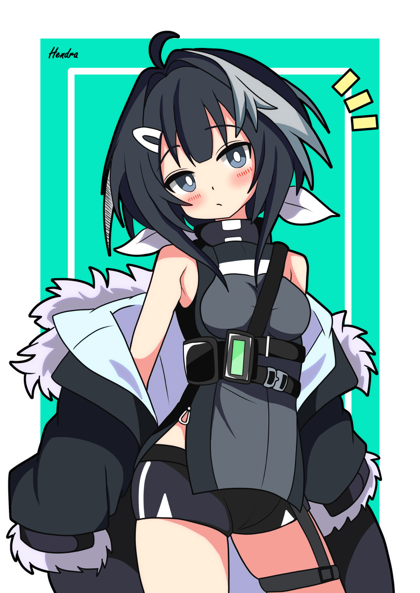 1girl absurdres ahoge arknights artist_name bare_shoulders bird_girl black_eyes black_hair black_jacket black_shirt black_shorts blush border bow breasts closed_mouth contrapposto cowboy_shot dot_nose fur-trimmed_jacket fur_trim green_background hair_bow hair_intakes head_tilt head_wings hendra highres jacket la_pluma_(arknights) legs_apart long_sleeves medium_breasts medium_hair notice_lines off_shoulder open_clothes open_jacket outside_border shirt shorts sidelocks simple_background sleeveless sleeveless_shirt sleeves_past_fingers sleeves_past_wrists solo thighs white_border white_bow wings