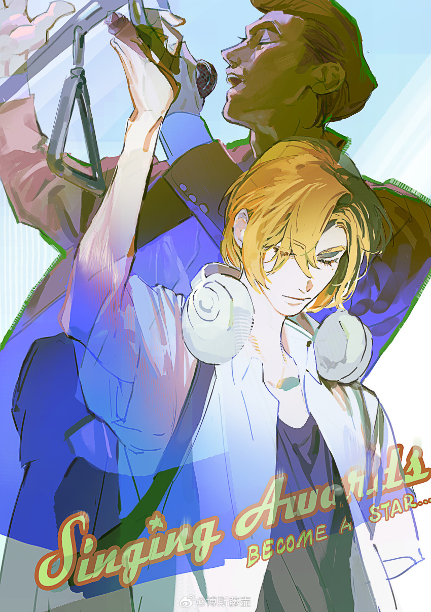 2boys absurdres bishounen black_nails black_shirt blonde_hair blue_background blue_jacket blue_sleeves bosi_tenghu brown_hair buttons character_request chinese_commentary closed_eyes closed_mouth collarbone collared_jacket commentary_request cowboy_shot expressionless eyelashes furrowed_brow gloves headphones headphones_around_neck highres holding holding_microphone holding_weapon jacket layered_sleeves long_sleeves microphone mole mole_under_eye multiple_boys music open_clothes open_jacket parted_bangs plave shirt short_hair short_sleeves simple_background singing smile teeth thick_eyebrows train_interior two-tone_background upper_body upper_teeth_only weapon white_background white_gloves white_headphones white_jacket white_shirt white_sleeves wide_sleeves