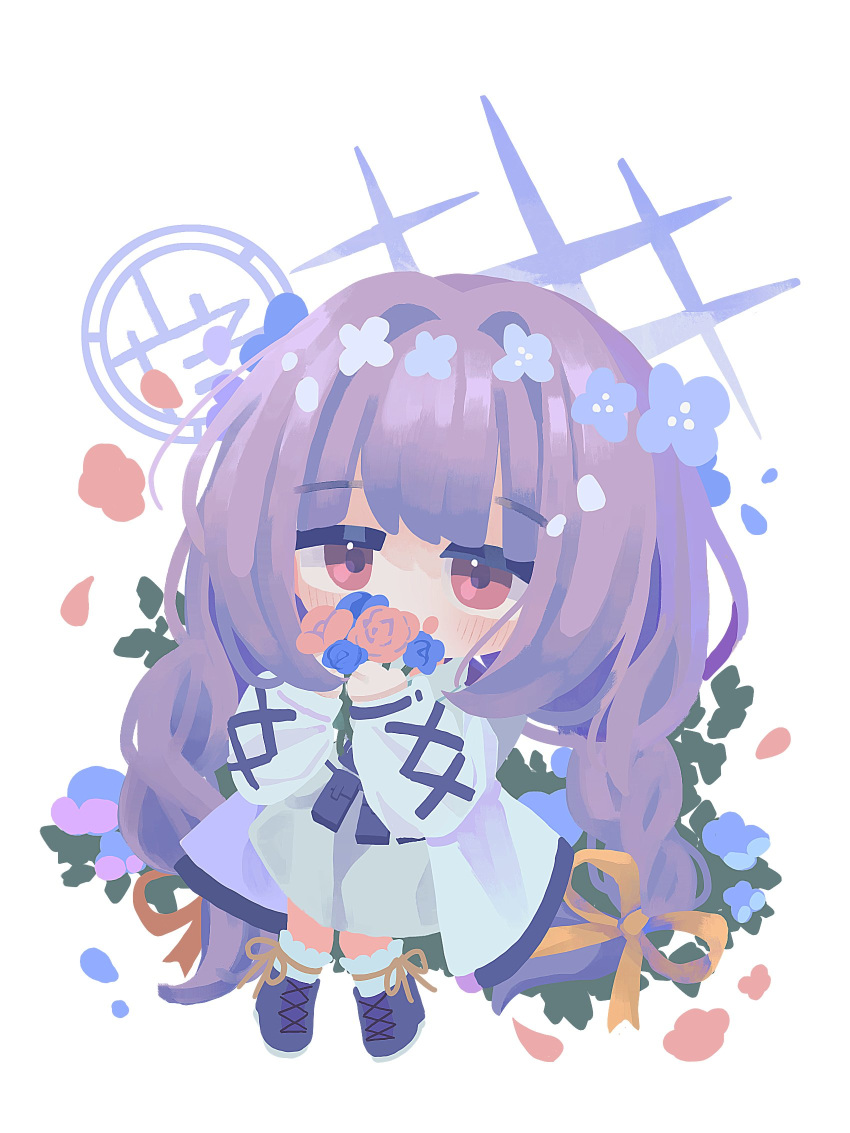 1girl atsuko_(blue_archive) black_footwear blue_archive blue_flower blush boots bouquet chibi covering_own_mouth cross-laced_footwear falling_petals flower full_body highres holding holding_bouquet jacket lace-up_boots long_bangs long_sleeves low_twintails petals purple_hair red_eyes red_flower shirota_(petapeta84) sidelocks simple_background skirt solo twintails white_background white_jacket white_skirt