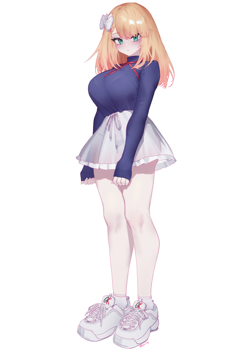 1girl absurdres bare_legs blonde_hair blue_shirt blush bow bra_visible_through_clothes breasts centaureissi_(neural_cloud) commentary eonsang full_body g36_(girls'_frontline) girls'_frontline_2:_exilium girls_frontline hair_bow highres large_breasts long_hair long_sleeves looking_at_viewer miniskirt pink_skirt see-through see-through_silhouette see-through_skirt shirt shoes simple_background skirt sneakers solo standing white_background white_skirt