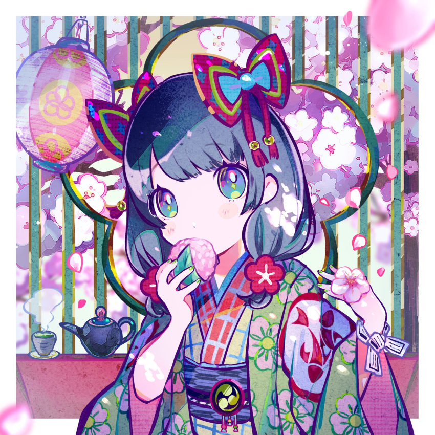 1girl album_cover black_hair blue_eyes blunt_bangs border bow cherry_blossoms commentary cover cup eating english_commentary floral_print flower food green_tea hair_bow hair_flower hair_ornament hands_up highres holding holding_food japanese_clothes kiato kimono lantern long_hair long_sleeves looking_at_viewer obi original paper_lantern petals print_kimono red_bow red_flower sakura_mochi sash solo tea teapot upper_body wagashi white_border wide_sleeves