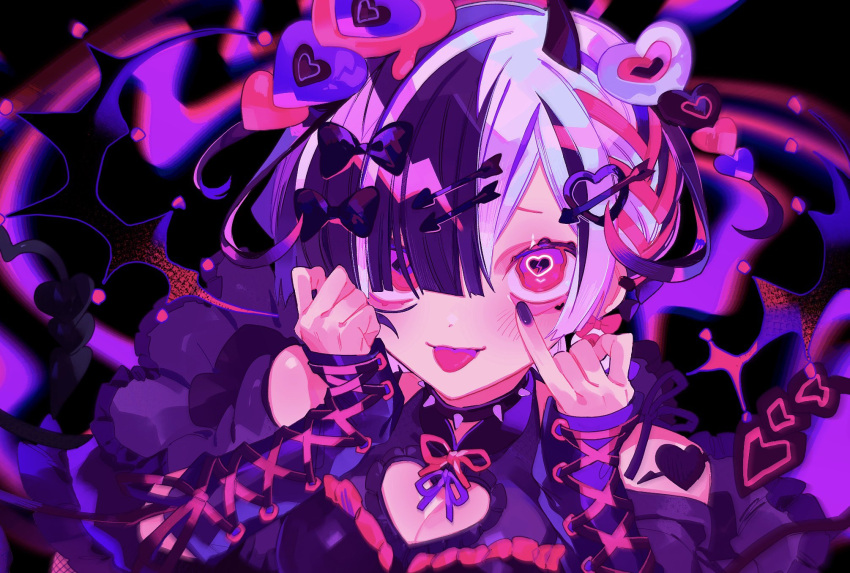 1girl arrow_hair_ornament bare_shoulders black_bow black_horns blunt_bangs bow choker cleavage_cutout clothing_cutout cross-laced_clothes cross-laced_gloves dear_devil_(vocaloid) frilled_sleeves frills gloves hair_bow hair_ornament hair_over_one_eye hand_on_own_face heart heart-shaped_pupils heart_hair_ornament highres himanemuitoma horns looking_up multiple_hair_bows nail_polish original pink_bow pink_eyes pink_hair pink_ribbon puffy_short_sleeves puffy_sleeves purple_gloves purple_hair purple_nails purple_ribbon purple_theme ribbon short_hair short_sleeves solo spiked_choker spikes symbol-shaped_pupils tongue tongue_out upper_body vocaloid white_hair