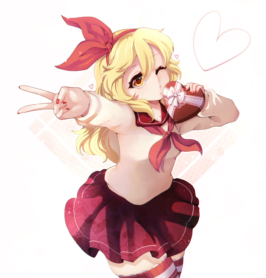 1girl alternate_costume blonde_hair bow_hairband box dungeon_toaster ellen_(touhou) gift hairband heart heart-shaped_box highres long_hair red_hairband shirt skirt solo thigh-highs touhou touhou_(pc-98) valentine yellow_eyes