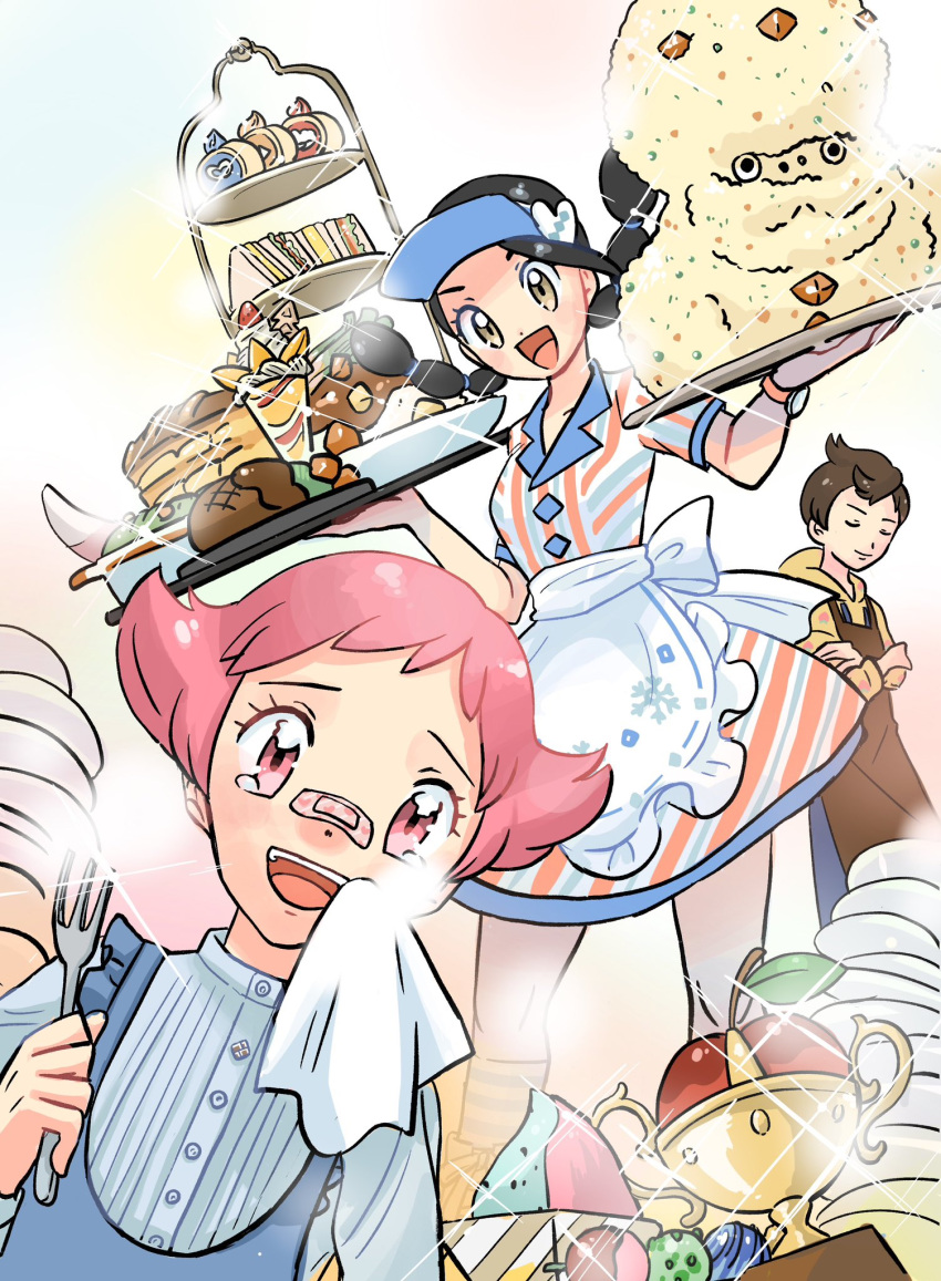 1boy 2girls :d alternate_costume apron bandaid bandaid_on_face bandaid_on_nose black_hair blue_headwear braid brown_eyes brown_hair candice_(palentine's_2024)_(pokemon) candice_(pokemon) character_food crossed_arms dress food food_request fork galarian_darmanitan galarian_darmanitan_(standard) happy_tears highres holding holding_fork holding_tray in_pasio long_hair maylene_(pokemon) multiple_girls napkin official_alternate_costume open_mouth pink_eyes pink_hair plate pokemon pokemon_masters_ex sandwich short_hair smile tearing_up tears teeth tiered_tray tray twin_braids upper_teeth_only victor_(palentine's_2024)_(pokemon) victor_(pokemon) visor_cap waist_apron white_apron