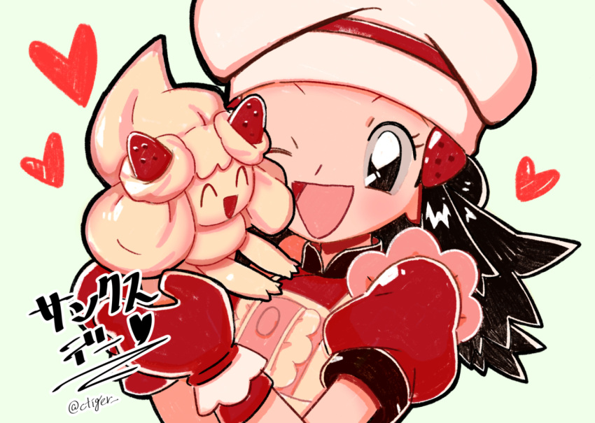 1girl alcremie alcremie_(strawberry_sweet) apron commentary_request dawn_(palentine's_2021)_(pokemon) food-themed_hair_ornament hair_ornament heart hikari_(pokemon) holding holding_pokemon mittens official_alternate_costume one_eye_closed pink_apron pink_headwear pokemon pokemon_(creature) pokemon_masters_ex red_mittens smile strawberry_hair_ornament tora_(ctiger) twitter_username upper_body