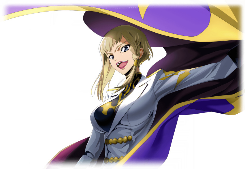 1girl arm_up artist_request asymmetrical_hair black_shirt blonde_hair braid breasts cape code_geass code_geass:_lost_stories cropped_torso forked_eyebrows game_cg grey_eyes hair_tubes happy highres jacket large_breasts lipstick long_sleeves looking_at_viewer makeup military_uniform non-web_source nonette_enneagram official_art open_mouth outstretched_arm purple_cape red_lips shirt short_hair sidelocks simple_background single_braid smile solo standing teeth tongue transparent_background two-sided_cape two-sided_fabric uniform upper_body white_jacket