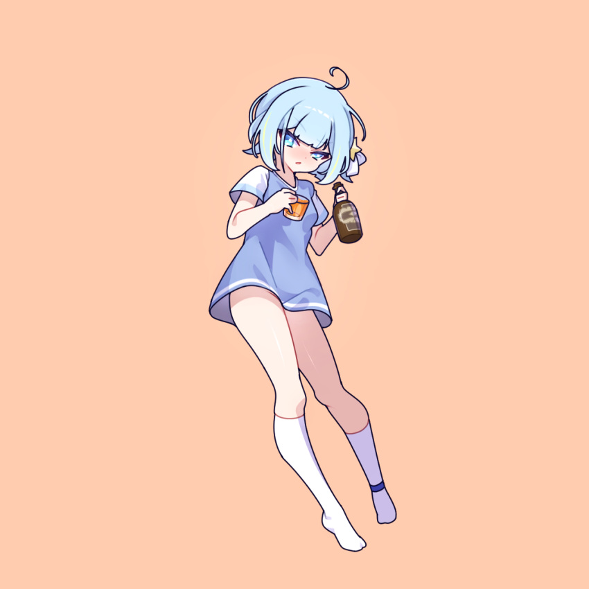 1girl blue_eyes blue_hair bottle cross_(vgne4542) glass highres holding holding_bottle jelly_hoshiumi phase_connect short_hair simple_background solo