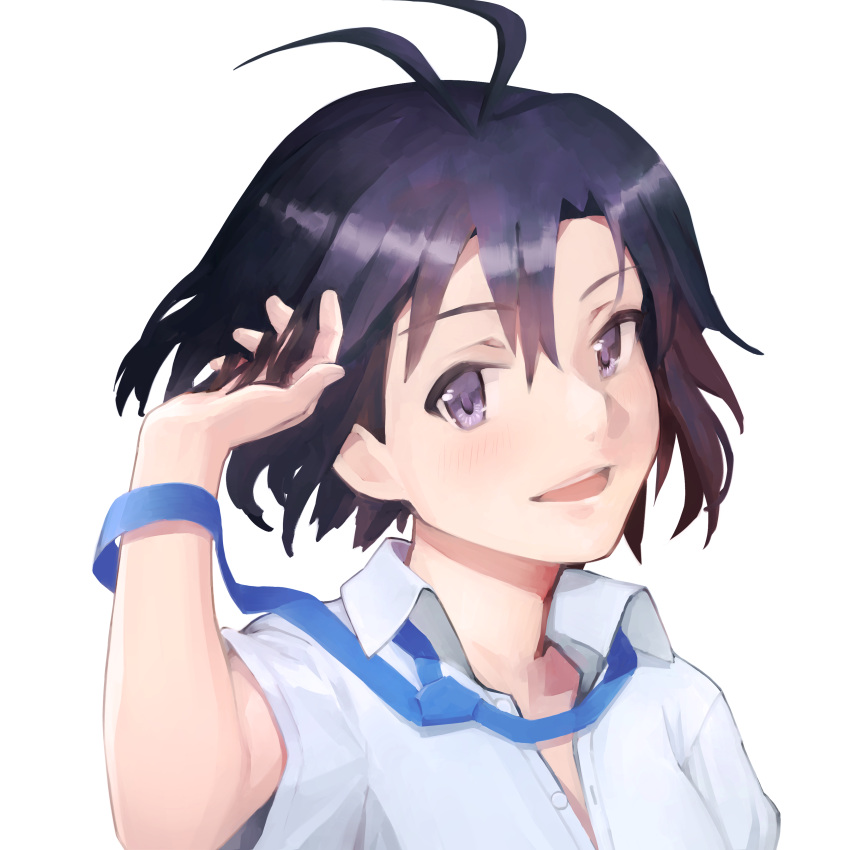 1girl absurdres adjusting_hair antenna_hair black_hair blue_necktie close-up collared_shirt commentary dress_shirt floating_neckwear hair_between_eyes hand_up highres idolmaster idolmaster_(classic) kikuchi_makoto looking_at_viewer loose_necktie meiax messy_hair necktie parted_lips partially_unbuttoned portrait school_uniform shirt short_hair short_sleeves simple_background smile solo teeth uniform upper_teeth_only violet_eyes white_background white_shirt