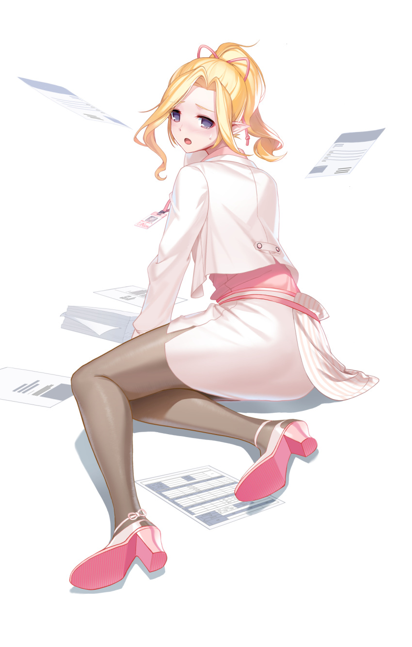 1girl :o alternate_hair_color anklet arm_support ass blonde_hair blush business_suit closers collared_shirt dress_shirt fallen_down from_side furrowed_brow grey_pantyhose hair_ribbon high_heels highres id_card jacket jewelry lanyard levia_(closers) long_sleeves looking_at_viewer medium_hair miniskirt no_pupils office_lady official_art pantyhose paper pencil_skirt pink_footwear pink_ribbon pink_shirt pointy_ears ponytail ribbon shadow shirt shirt_tucked_in side_slit skirt solo suit suit_jacket sweat turning_head violet_eyes white_background white_jacket white_skirt