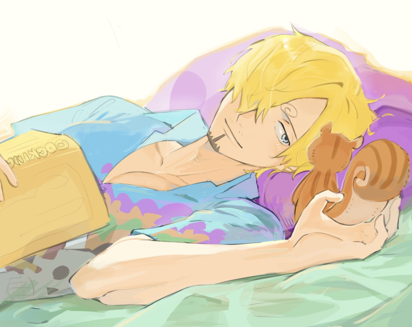1boy blonde_hair blue_shirt book closed_mouth facial_hair goatee grey_eyes hair_over_one_eye holding holding_book lying male_focus mustache_stubble on_back one_piece pectoral_cleavage pectorals pillow sanji_(one_piece) shirt short_hair solo squirrel stubble tokoni_fusu