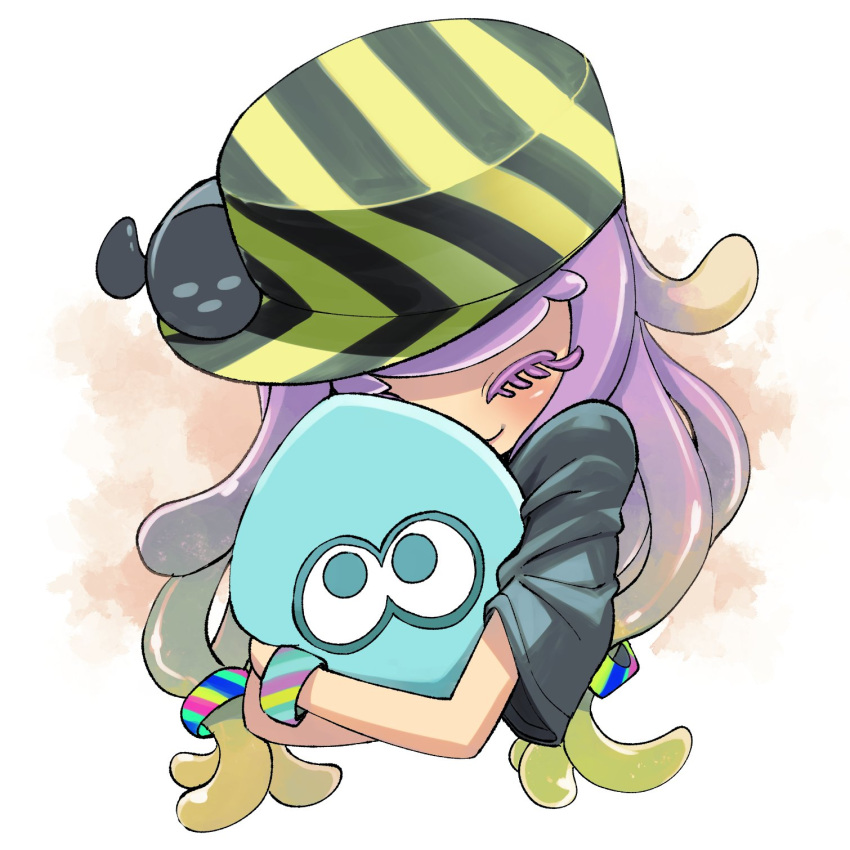 1girl ^_^ blonde_hair bracelet closed_eyes closed_mouth clownfish colored_eyelashes fish gradient_hair green_hair harmony's_clownfish_(splatoon) harmony_(splatoon) hat highres hugging_object jewelry long_hair multicolored_hair muramasa_mikado pink_hair sideways_hat smile solo splatoon_(series) striped_clothes striped_headwear tentacle_hair