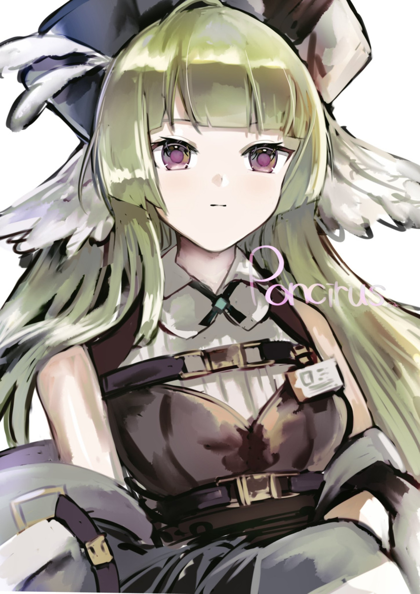 1girl :| arknights arms_at_sides bird_girl black_headwear black_jacket blunt_bangs blush breasts character_name closed_mouth collared_shirt expressionless green_hair hat head_wings highres id_card jacket long_bangs looking_ahead medium_breasts off_shoulder poncirus_(arknights) shirt simple_background sleeveless sleeveless_jacket sleeveless_shirt solo tukaima upper_body violet_eyes white_background white_shirt wings