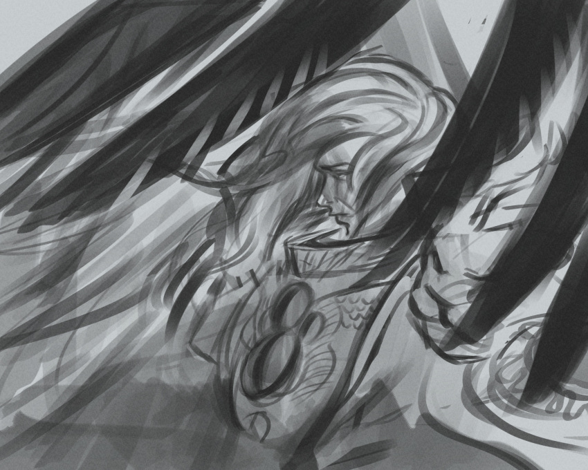 1boy angel angel_wings armor backlighting black_feathers black_wings blood_angels braid closed_eyes closed_mouth commentary english_commentary falling_feathers feathers from_side greyscale highres making-of male_focus medium_hair monochrome primarch sad sanguinius single_braid sketch solo totallynotsebo unfinished warhammer_40k wings