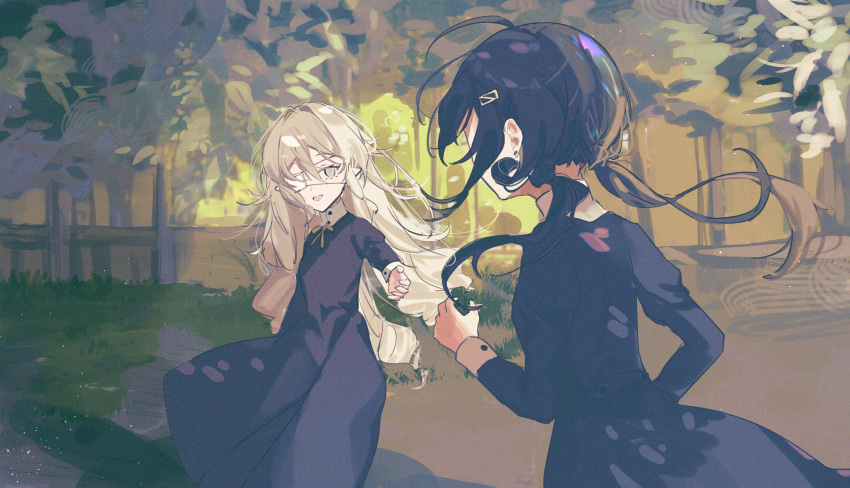 2girls absurdres aged_down ahoge black_dress blonde_hair brown_hair bush commentary_request dress drill_hair eyepatch facing_away fence grass highres long_hair long_sleeves looking_at_another medical_eyepatch miyasaka_miyabi multiple_girls open_mouth original outdoors outstretched_hand sketch smile twintails yellow_eyes